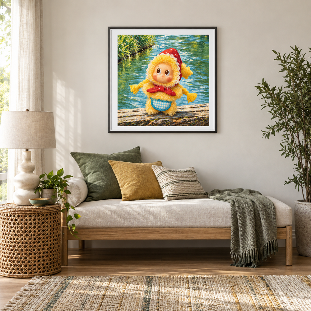 A Pause by the Stream Twinkle Twinkle inspired oil painting displayed in a reading nook