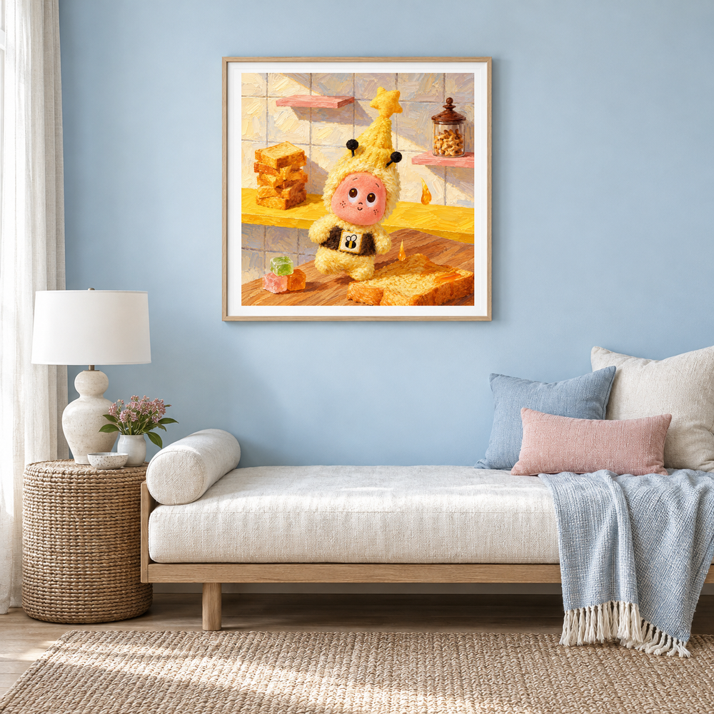 Honey on Toast Twinkle Twinkle inspired oil painting displayed in a reading nook