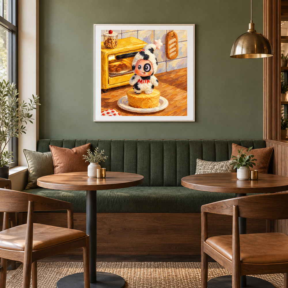 Milk Pudding Morning Twinkle Twinkle inspired oil painting displayed in a café