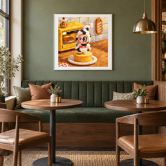 Milk Pudding Morning Twinkle Twinkle inspired oil painting displayed in a café
