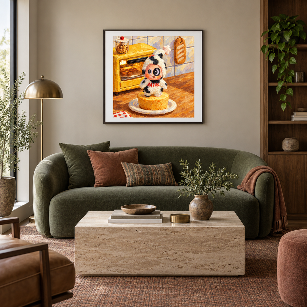 Milk Pudding Morning Twinkle Twinkle inspired oil painting displayed in a living room