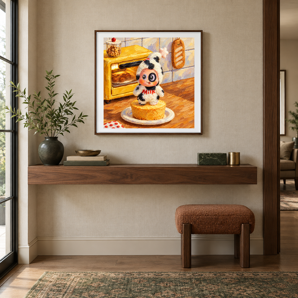 Milk Pudding Morning Twinkle Twinkle inspired oil painting displayed in a entryway