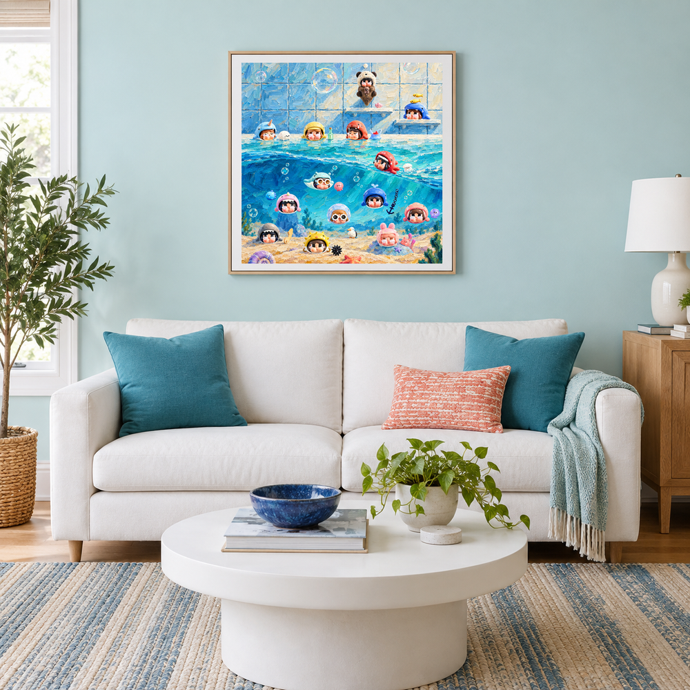 Poolside Little Feelings displayed in a shared living room with coordinated furniture