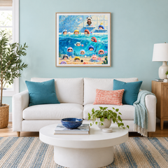 Poolside Little Feelings displayed in a shared living room with coordinated furniture