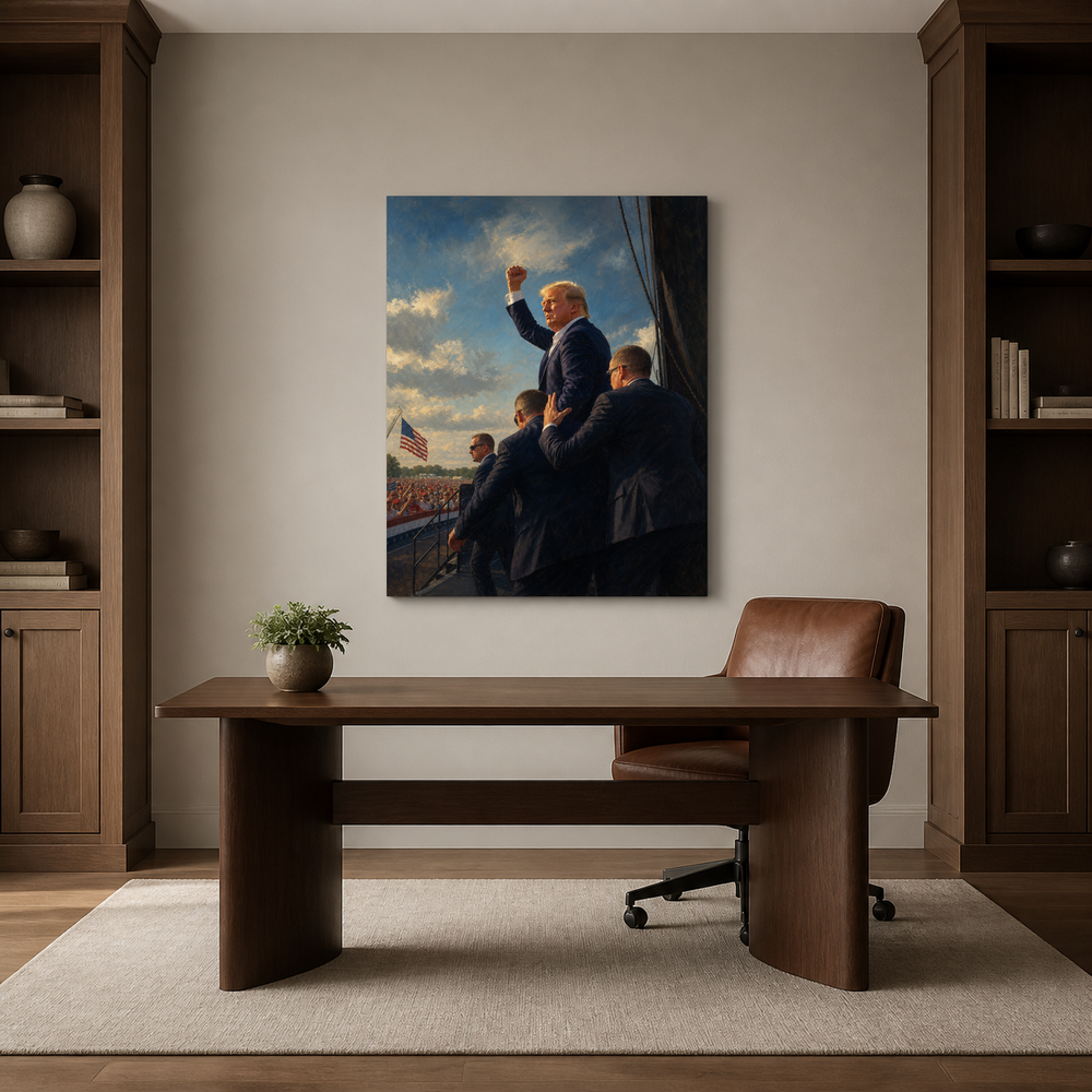 Defiance in Butler hand-painted oil artwork displayed in home office