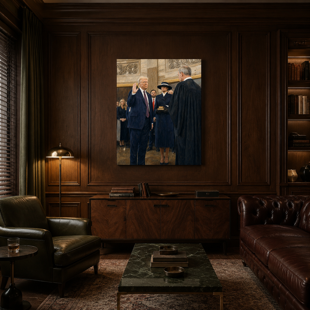 The Oath Returns hand-painted oil artwork displayed in private club