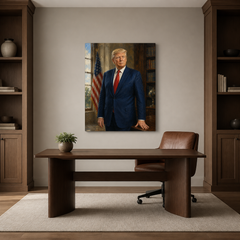 The 47th President hand-painted oil artwork displayed in home office