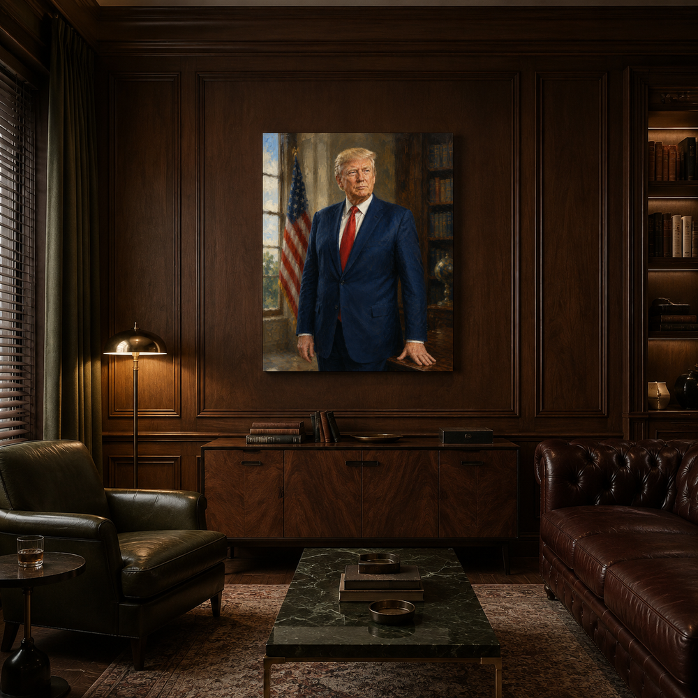 The 47th President hand-painted oil artwork displayed in private club