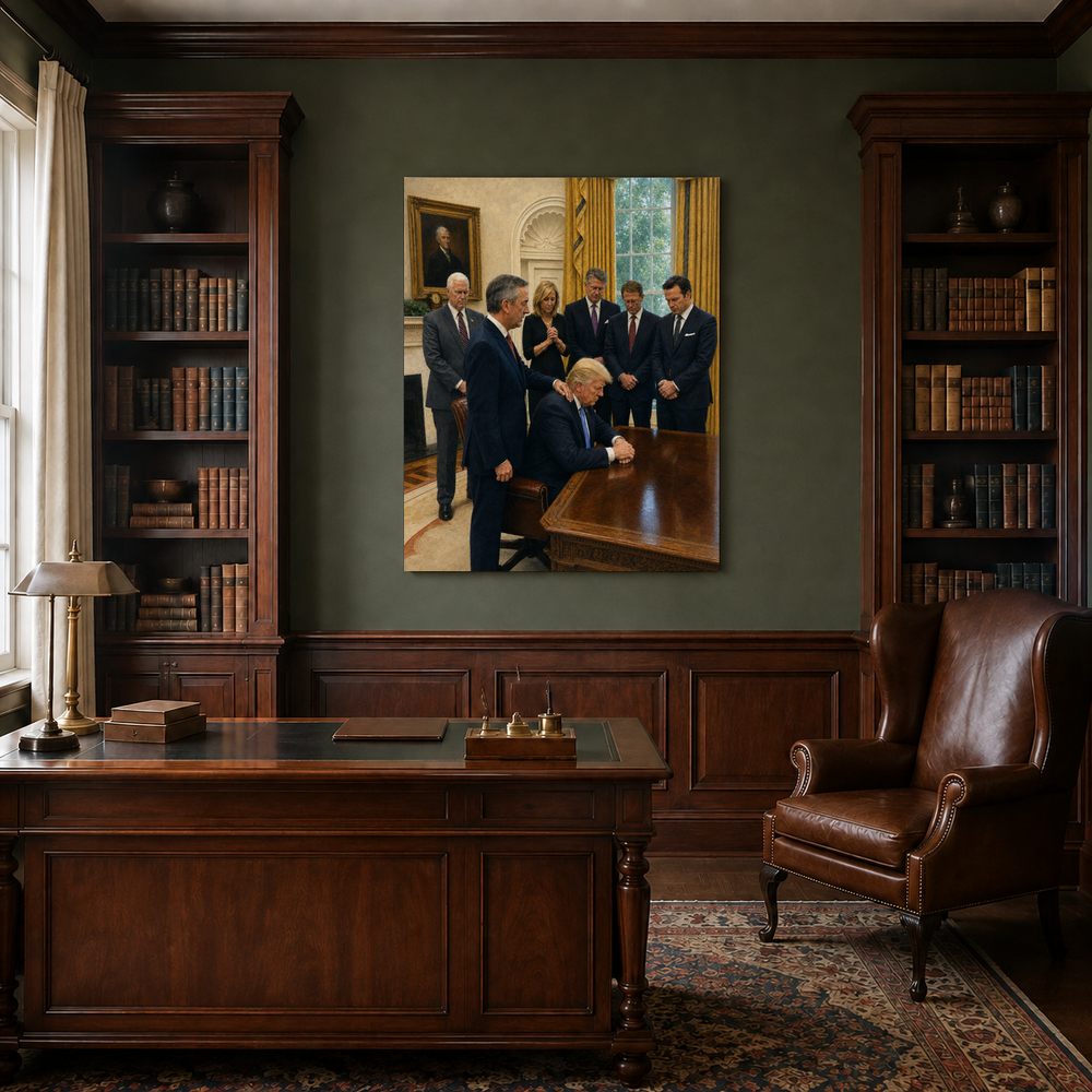 Oval Office Prayer hand-painted oil artwork displayed in traditional study