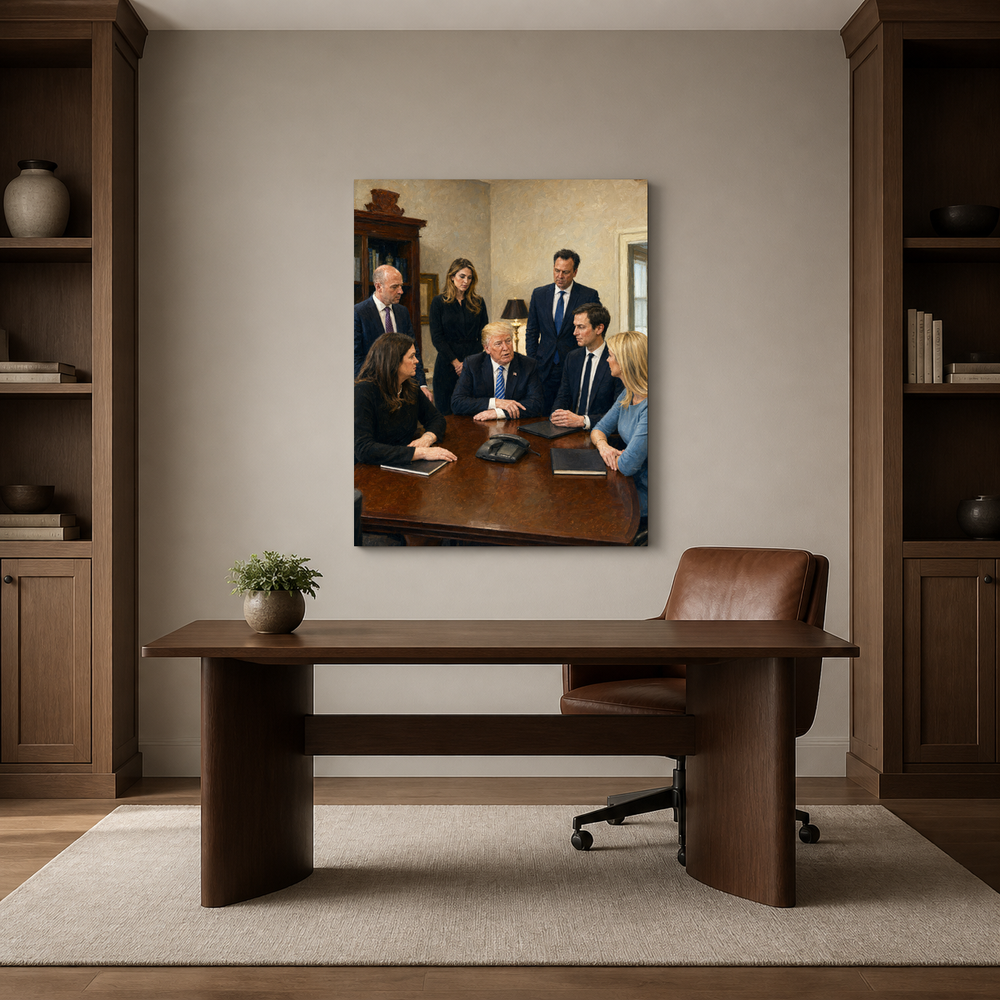 The Inner Circle hand-painted oil artwork displayed in home office
