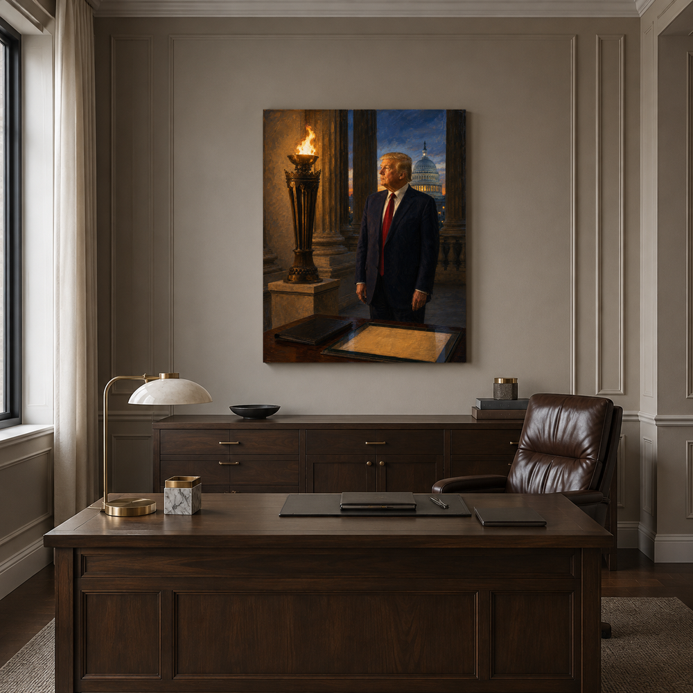 The Torch of the Republic hand-painted oil artwork displayed in executive office
