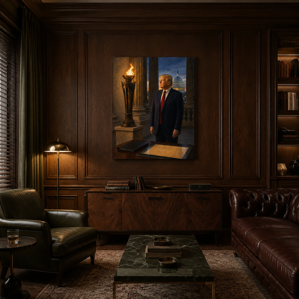 The Torch of the Republic hand-painted oil artwork displayed in private club