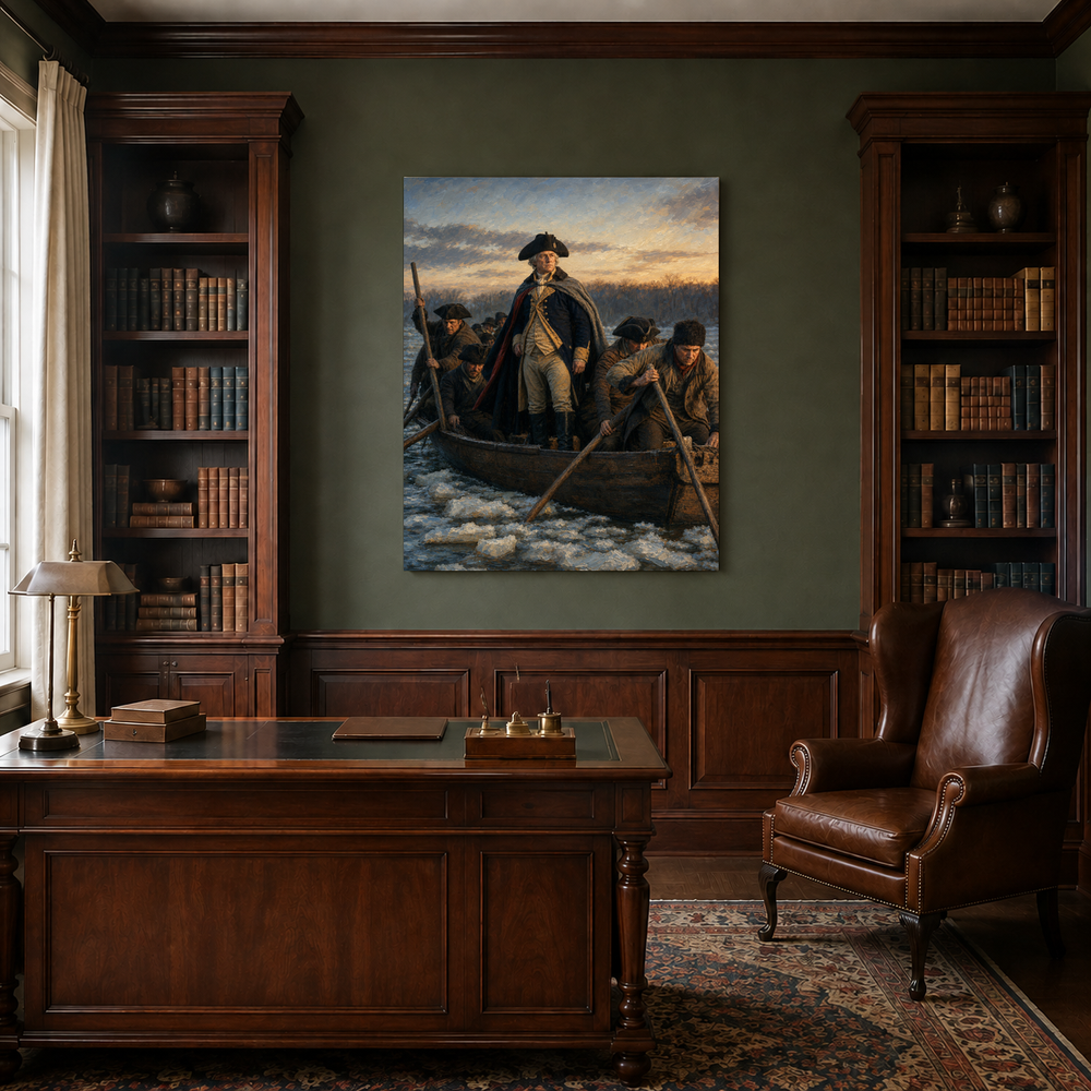 Washington Crossing the Delaware hand-painted oil artwork displayed in traditional study