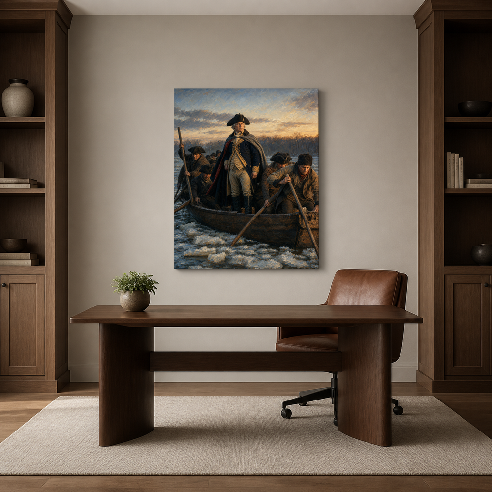 Washington Crossing the Delaware hand-painted oil artwork displayed in home office