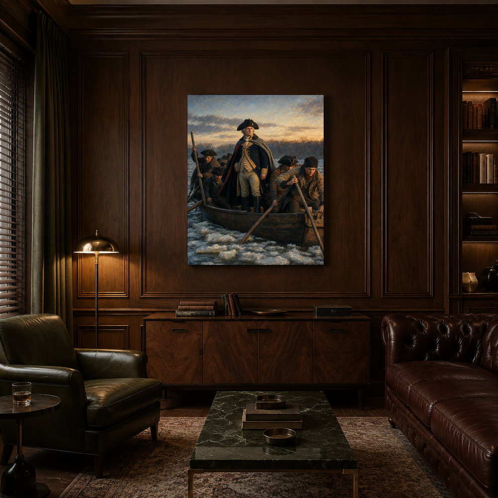 Washington Crossing the Delaware hand-painted oil artwork displayed in private club