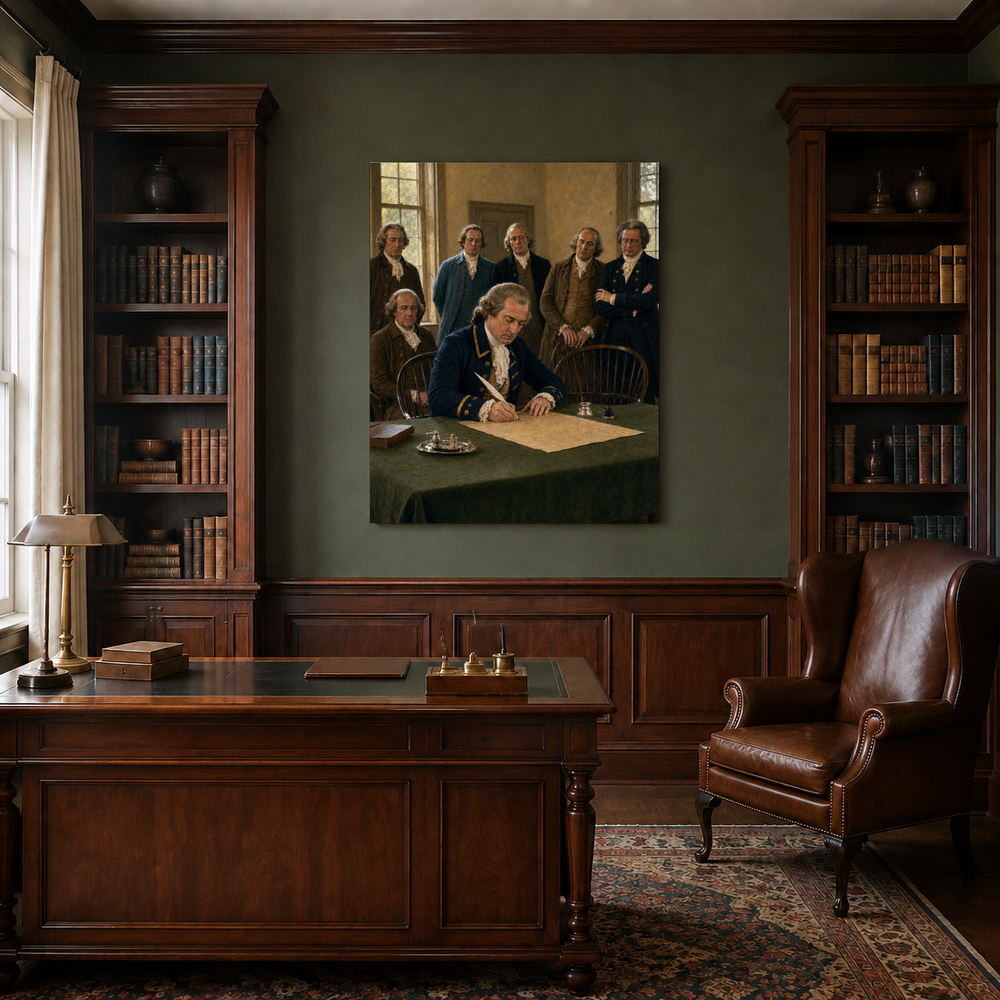 The Signing of Independence hand-painted oil artwork displayed in traditional study