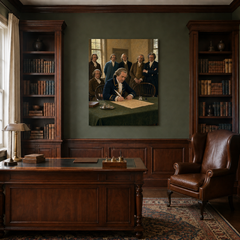The Signing of Independence hand-painted oil artwork displayed in traditional study