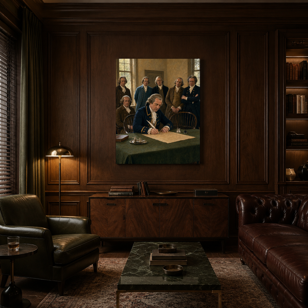 The Signing of Independence hand-painted oil artwork displayed in private club