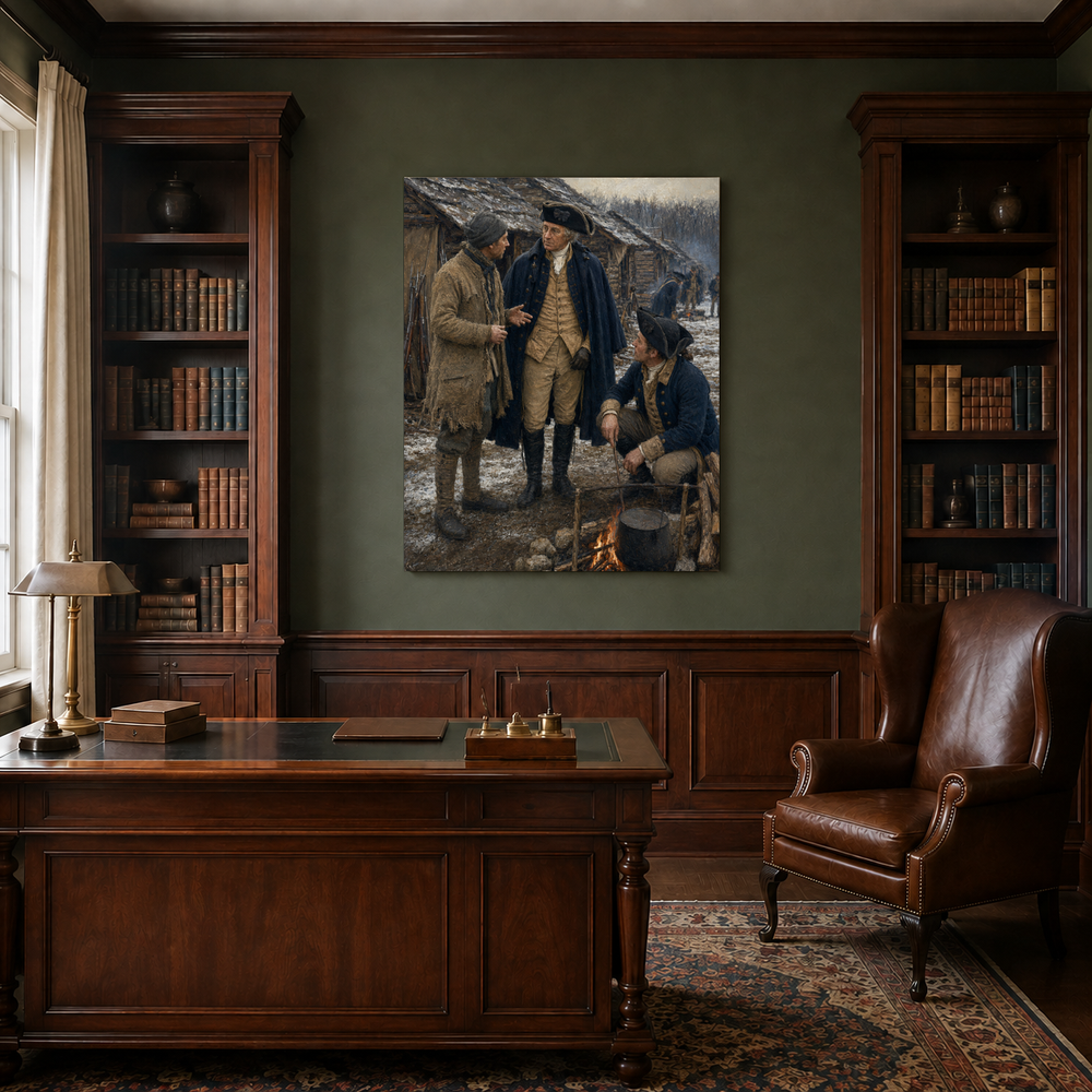 Winter at Valley Forge hand-painted oil artwork displayed in traditional study