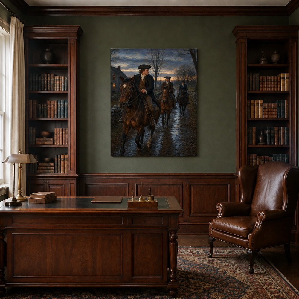 Paul Revere’s Midnight Ride hand-painted oil artwork displayed in traditional study
