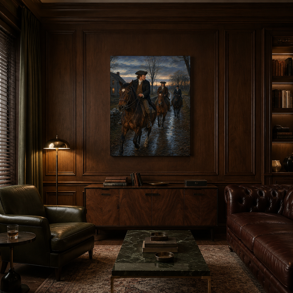 Paul Revere’s Midnight Ride hand-painted oil artwork displayed in private club
