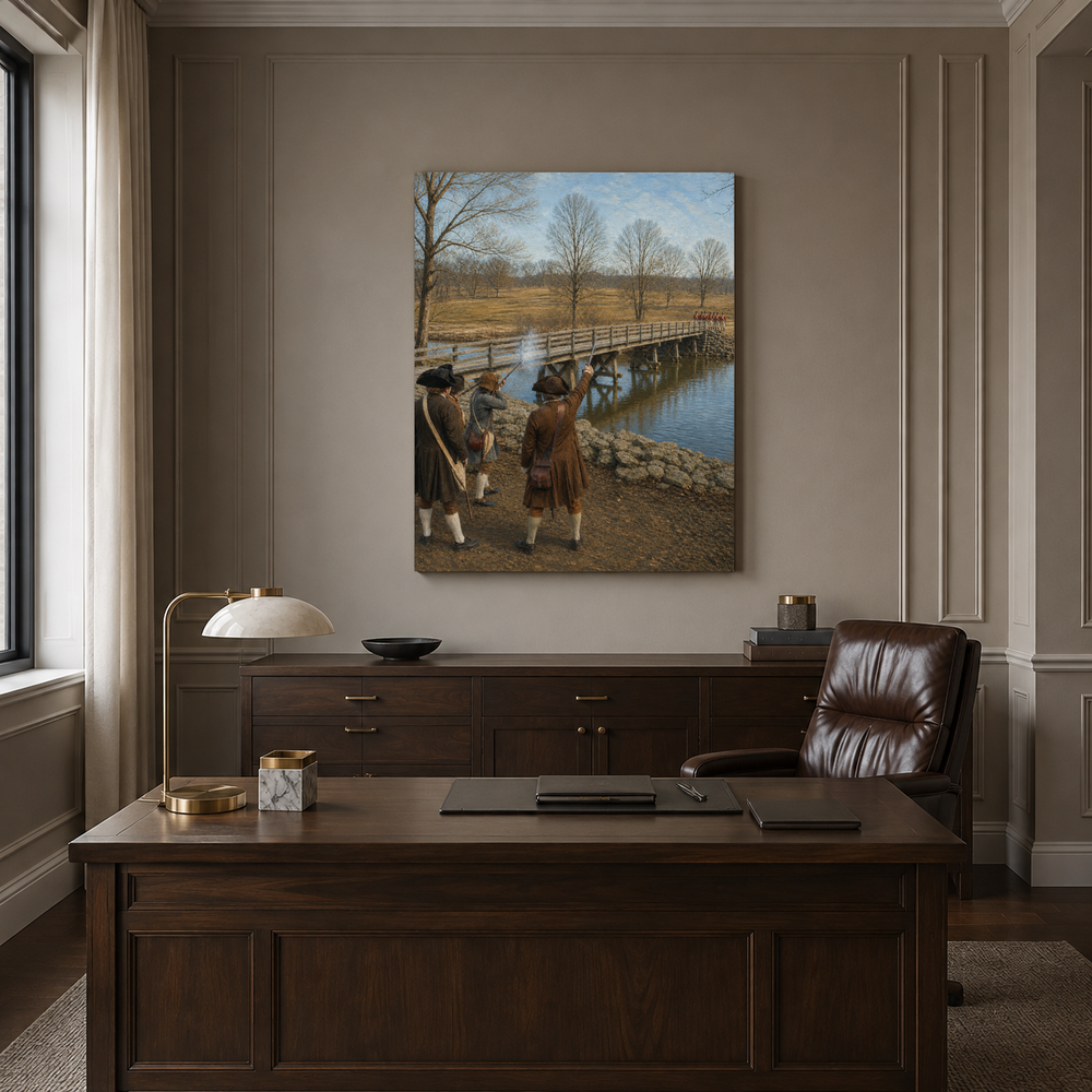 The Shot Heard Round the World hand-painted oil artwork displayed in executive office