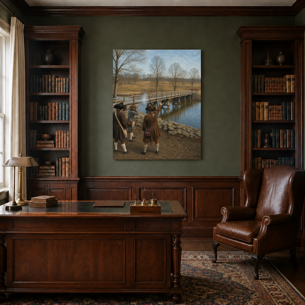 The Shot Heard Round the World hand-painted oil artwork displayed in traditional study