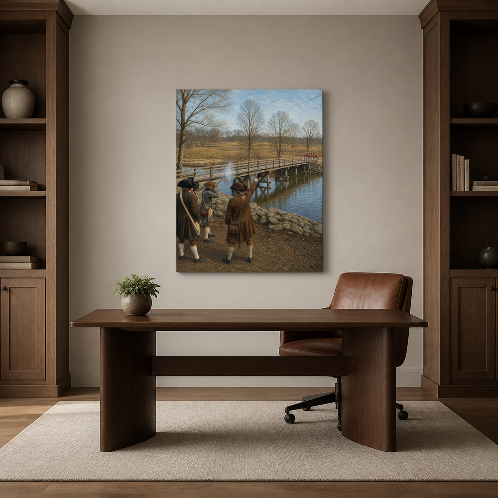The Shot Heard Round the World hand-painted oil artwork displayed in home office