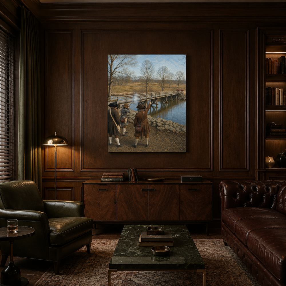The Shot Heard Round the World hand-painted oil artwork displayed in private club