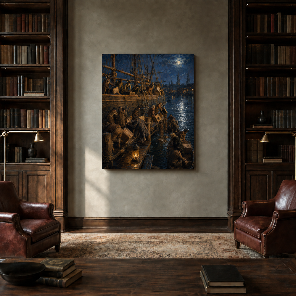 Boston Tea Party hand-painted oil artwork displayed in private library