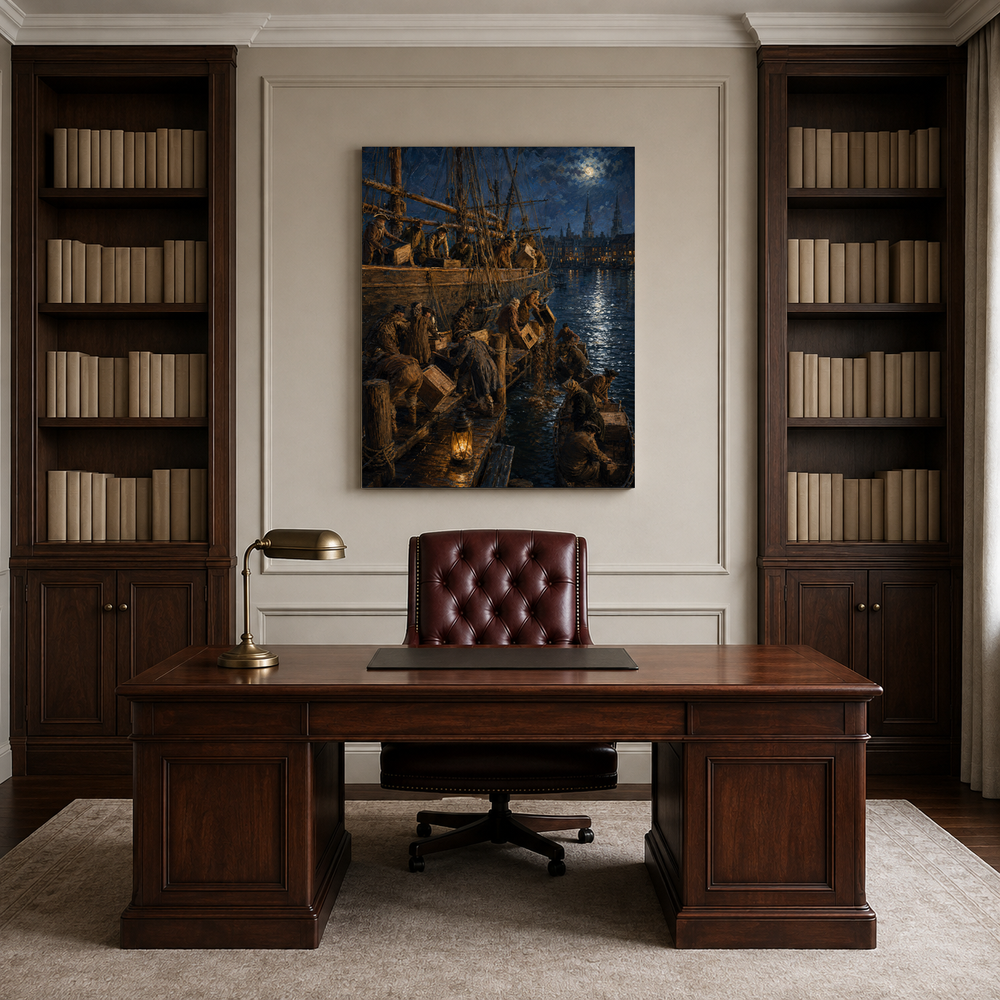 Boston Tea Party hand-painted oil artwork displayed in lawyer professional office