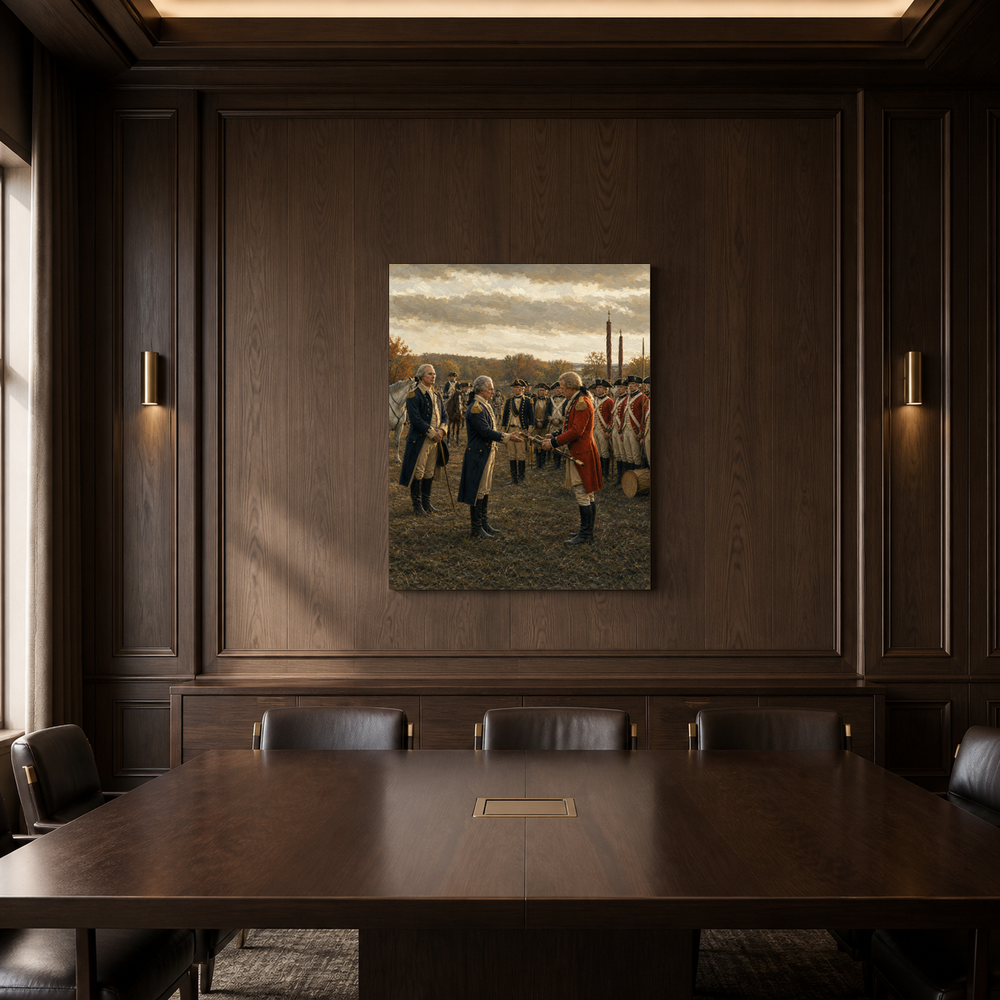 Victory at Yorktown hand-painted oil artwork displayed in dark wood meeting room