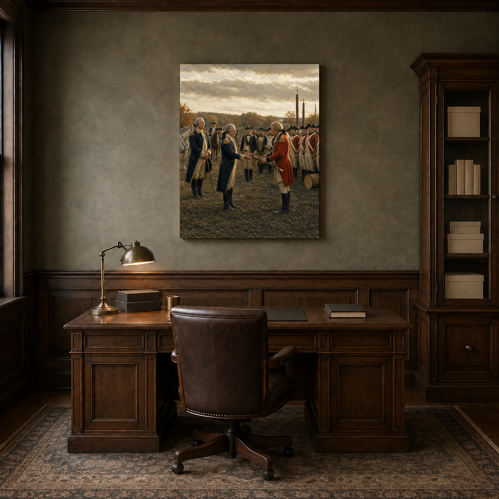 Victory at Yorktown hand-painted oil artwork displayed in veteran history study