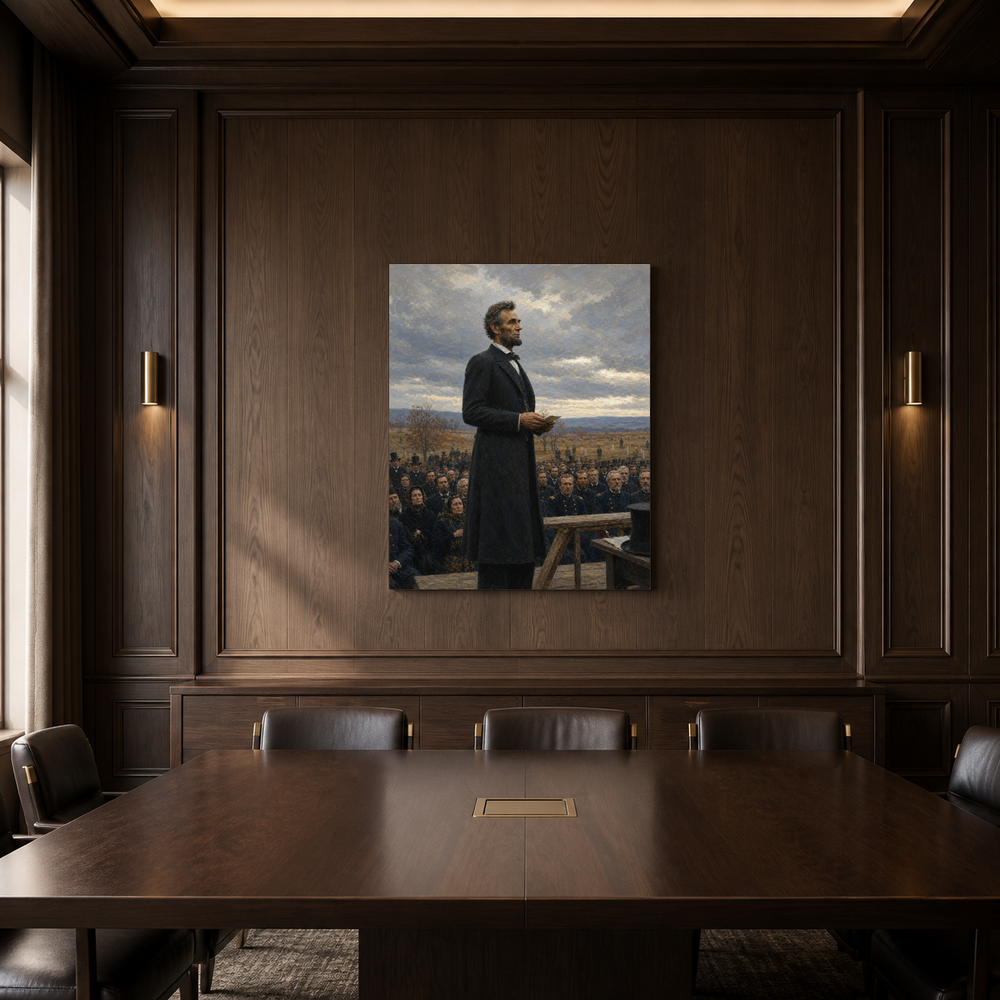 Lincoln at Gettysburg hand-painted oil artwork displayed in dark wood meeting room