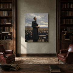 Lincoln at Gettysburg hand-painted oil artwork displayed in private library