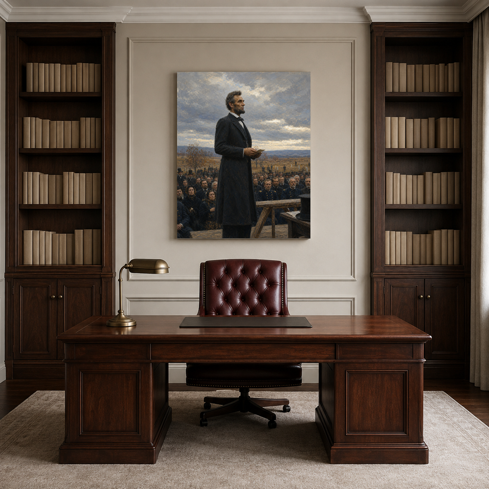 Lincoln at Gettysburg hand-painted oil artwork displayed in lawyer professional office