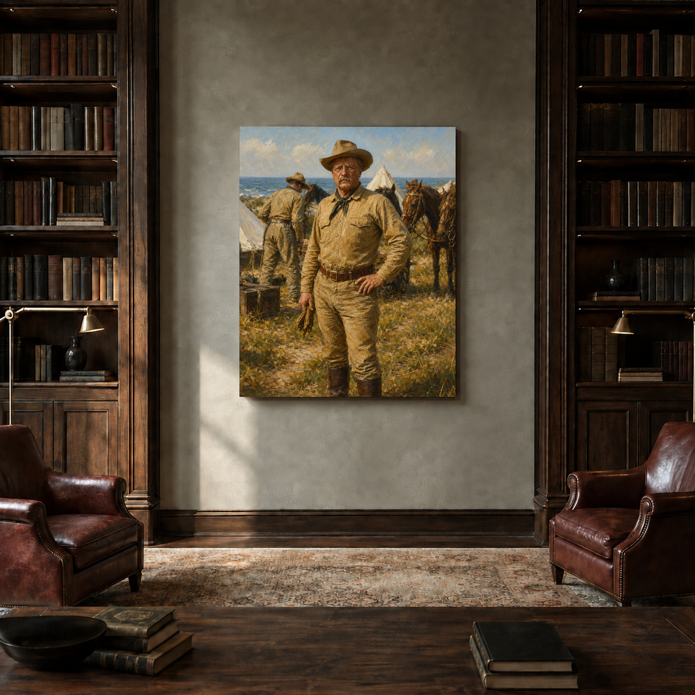 The Rough Rider hand-painted oil artwork displayed in private library