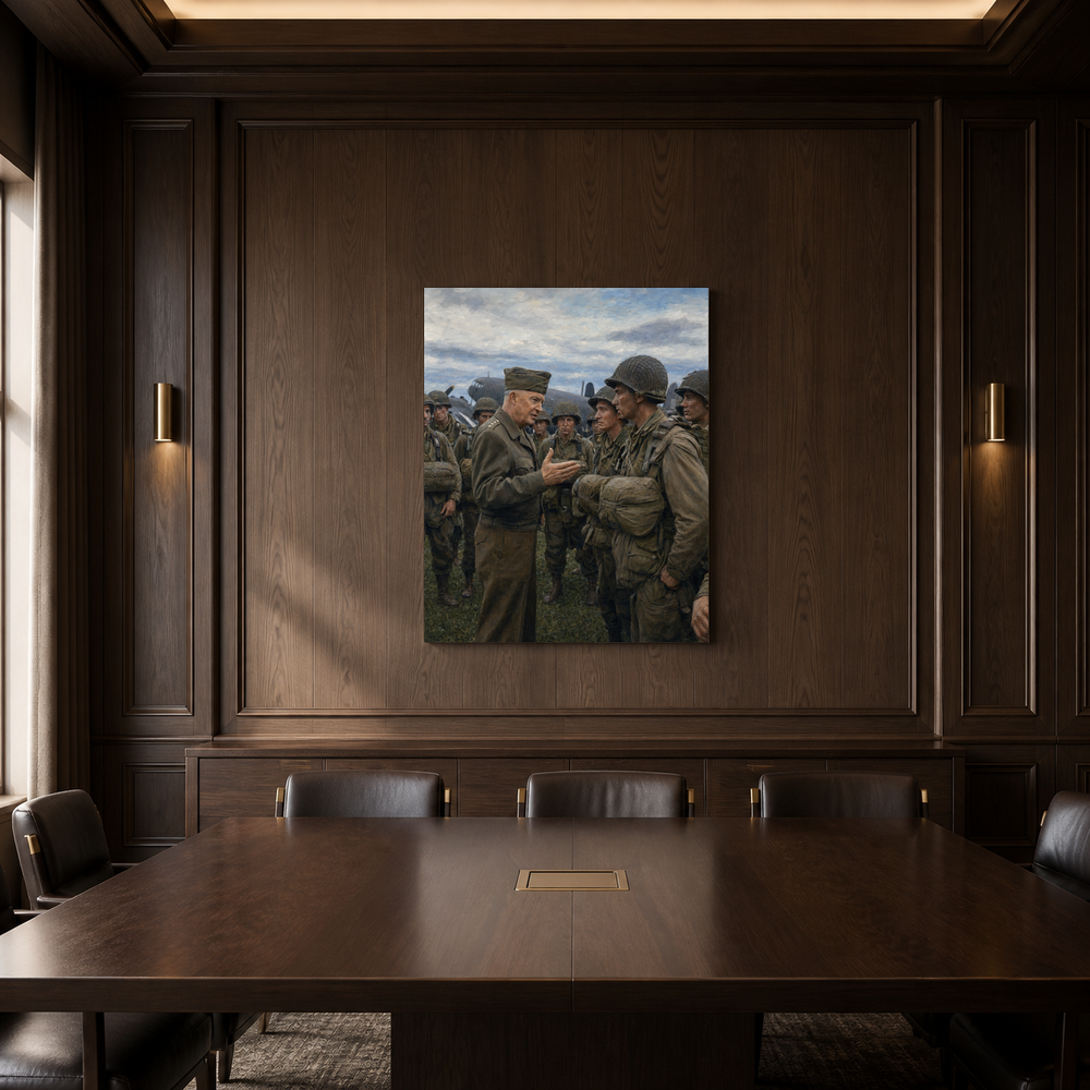 Eisenhower Before D-Day hand-painted oil artwork displayed in dark wood meeting room