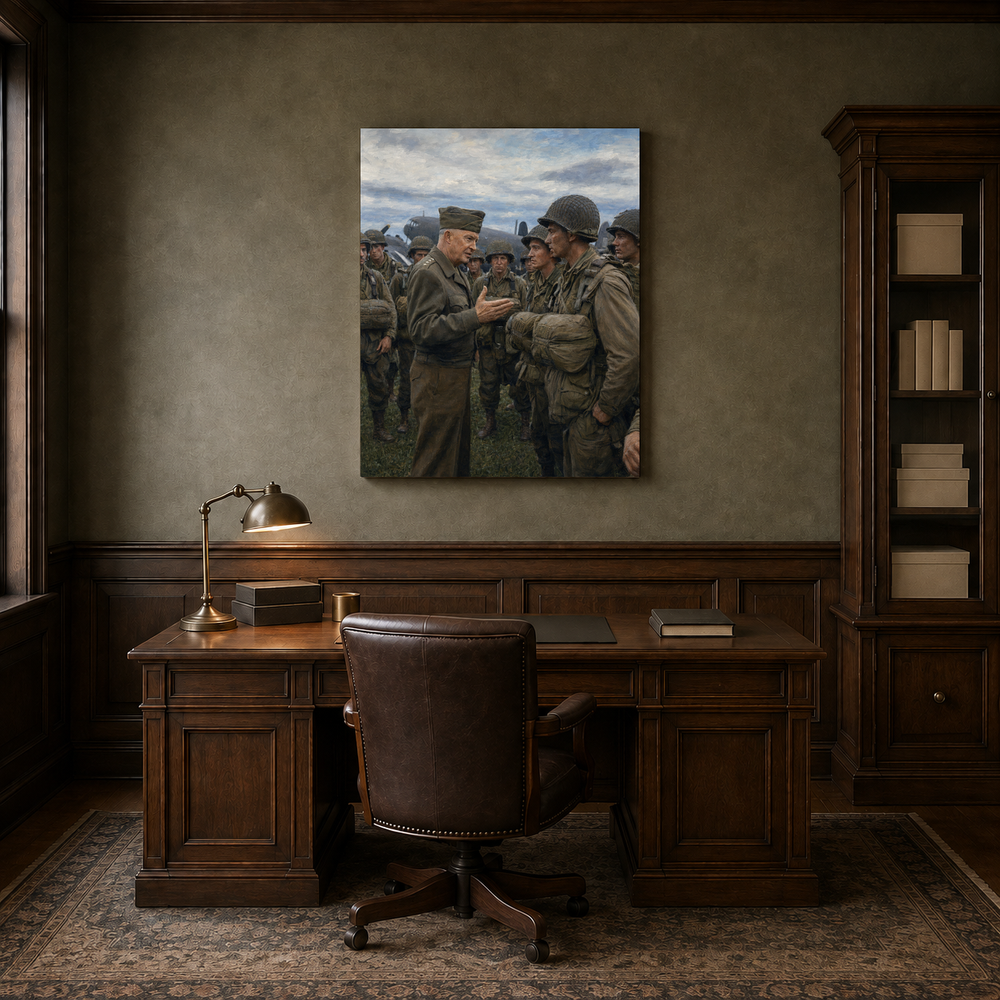 Eisenhower Before D-Day hand-painted oil artwork displayed in veteran history study