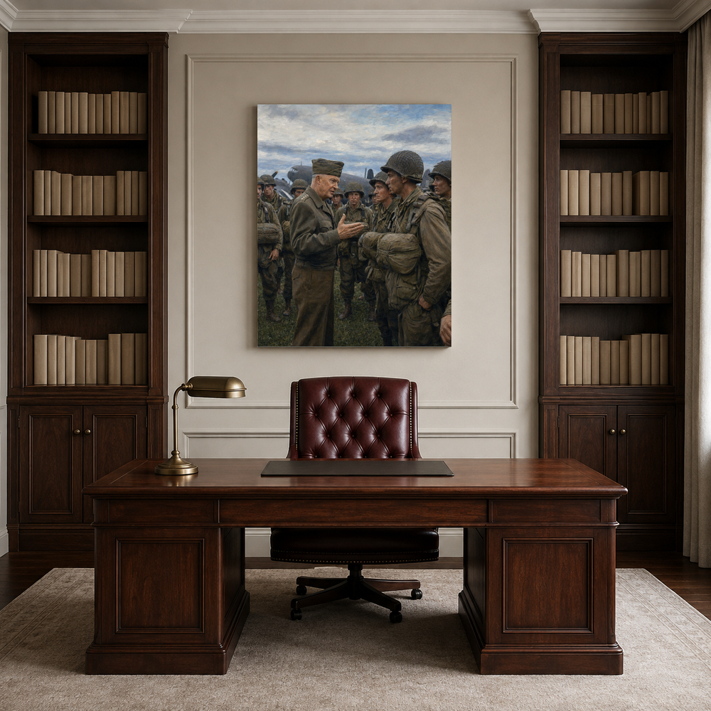 Eisenhower Before D-Day hand-painted oil artwork displayed in lawyer professional office