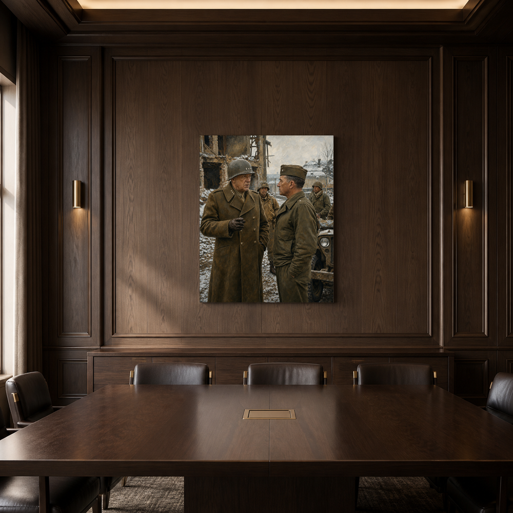 Patton at the Front hand-painted oil artwork displayed in dark wood meeting room