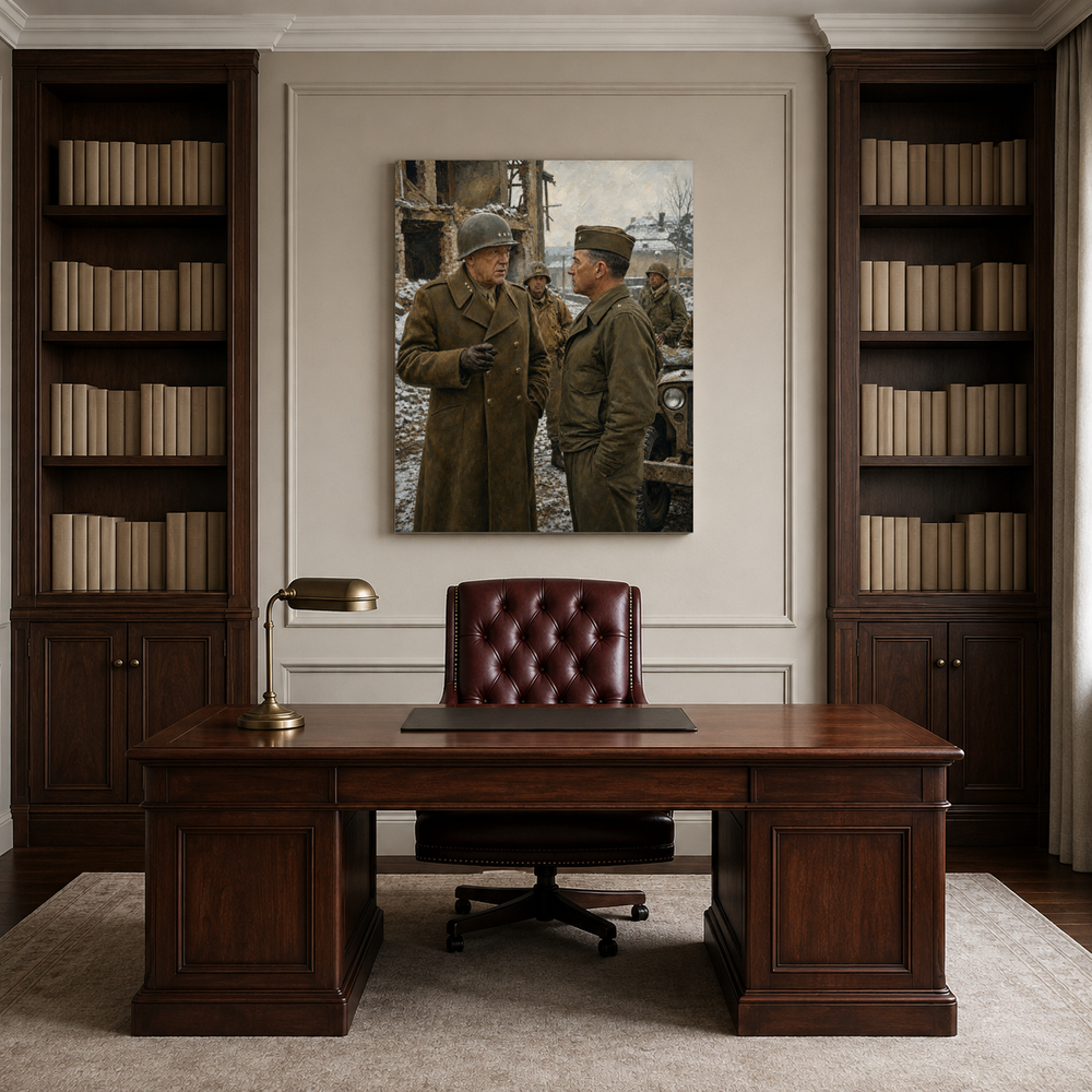 Patton at the Front hand-painted oil artwork displayed in lawyer professional office