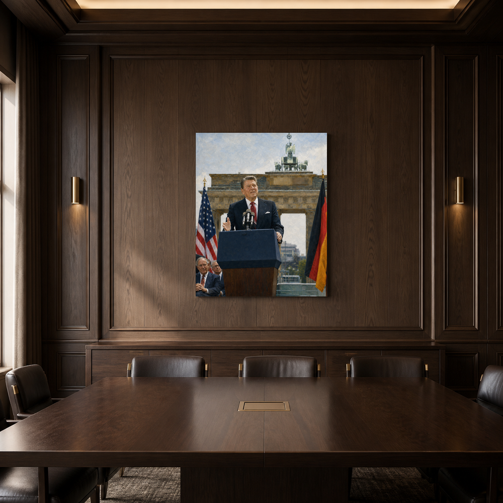 Reagan at the Berlin Wall hand-painted oil artwork displayed in dark wood meeting room