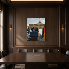 Reagan at the Berlin Wall hand-painted oil artwork displayed in dark wood meeting room