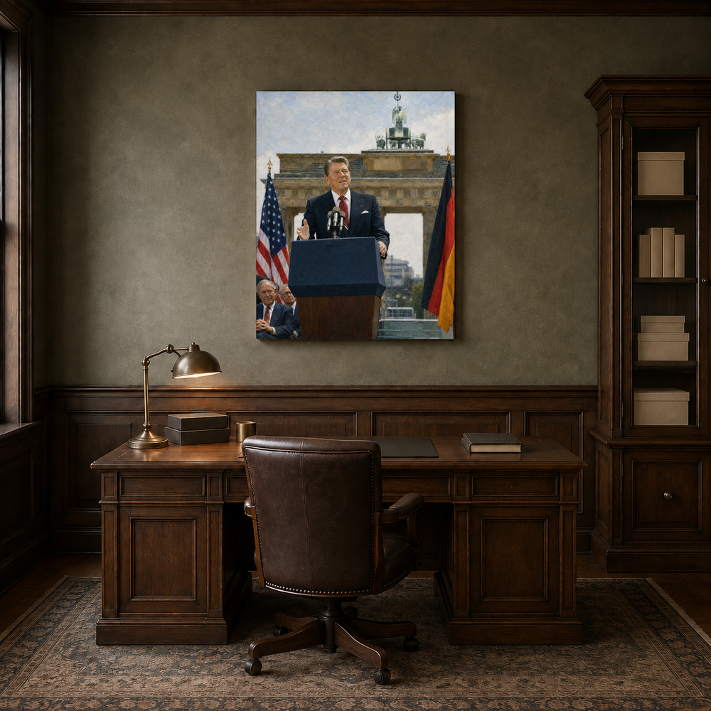 Reagan at the Berlin Wall hand-painted oil artwork displayed in veteran history study