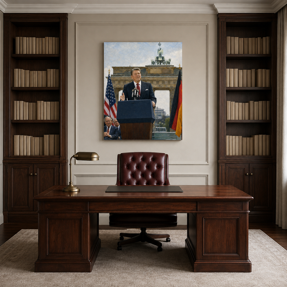 Reagan at the Berlin Wall hand-painted oil artwork displayed in lawyer professional office