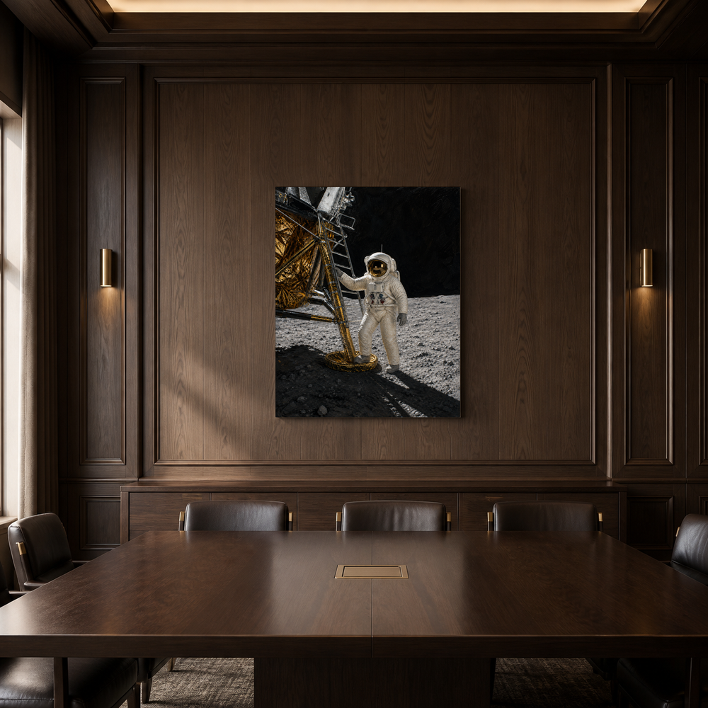 One Giant Leap hand-painted oil artwork displayed in dark wood meeting room