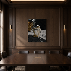 One Giant Leap hand-painted oil artwork displayed in dark wood meeting room