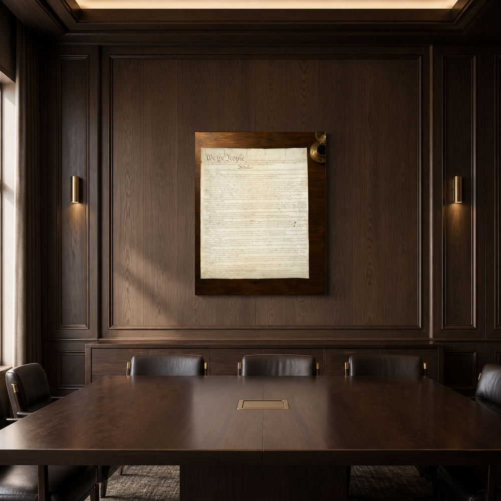 We the People hand-painted oil artwork displayed in dark wood meeting room