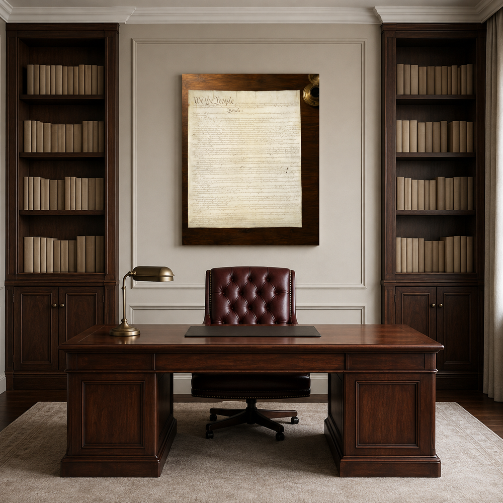 We the People hand-painted oil artwork displayed in lawyer professional office